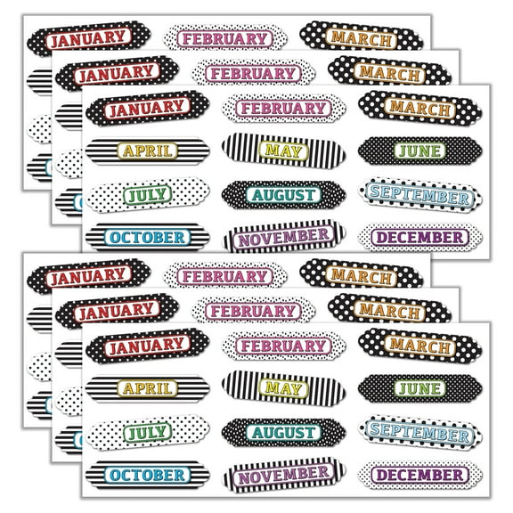 Ashley Productions Magnetic Die-Cut Timesavers & Labels, Months of the Year, Black and White Assorted Patterns, 12 Per Pack, 6 Packs