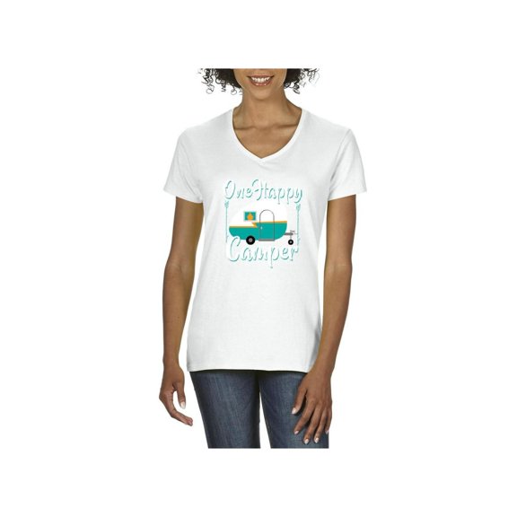 Women's T-Shirt V-Neck Short Sleeve - ONE HAPPY CAMPER