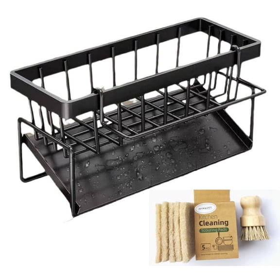 Sponge Holder for Kitchen Sink, Sink Caddy Organizer with with Bamboo Brush and 5x Sisal Sponges,Soap Dispenser Organize Self Drain Tray, Kitchen Countertop Organizers Storage Essentials