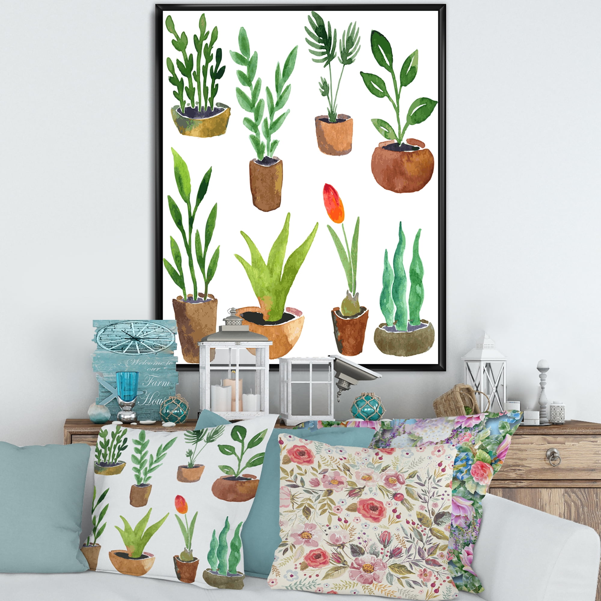 Designart 'Eight House Plants In Claypots' Traditional Framed Canvas Wall Art Print