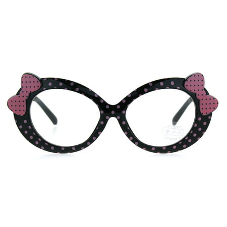 Kids Size Girls Polka Dot Oval Bow Jewel Trim Plastic Clear Lens Eye Glasses Black Pink Dot