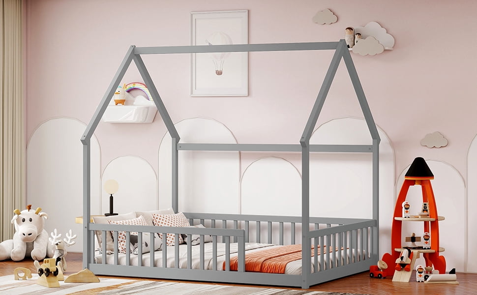 Full Size House Floor Bed with Roof Frame, Pine Wood Floor Bed with Safety Guardrails, Grey