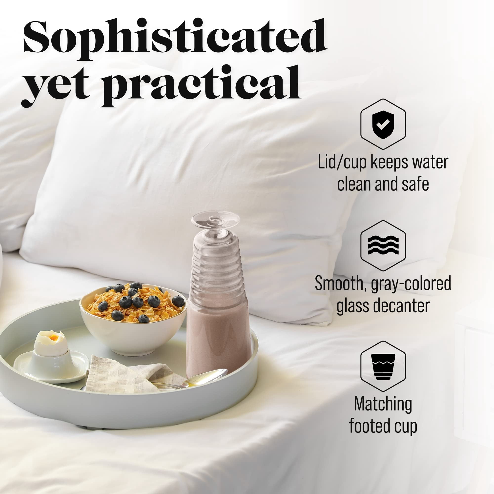 American Atelier Bedside Water Carafe with Tumbler Pitcher and Footed Drinking Glass Use Cup as a Lid for Carafe, For Guest Room, Nightstand, Office, or Gift, Gray (32 Oz)