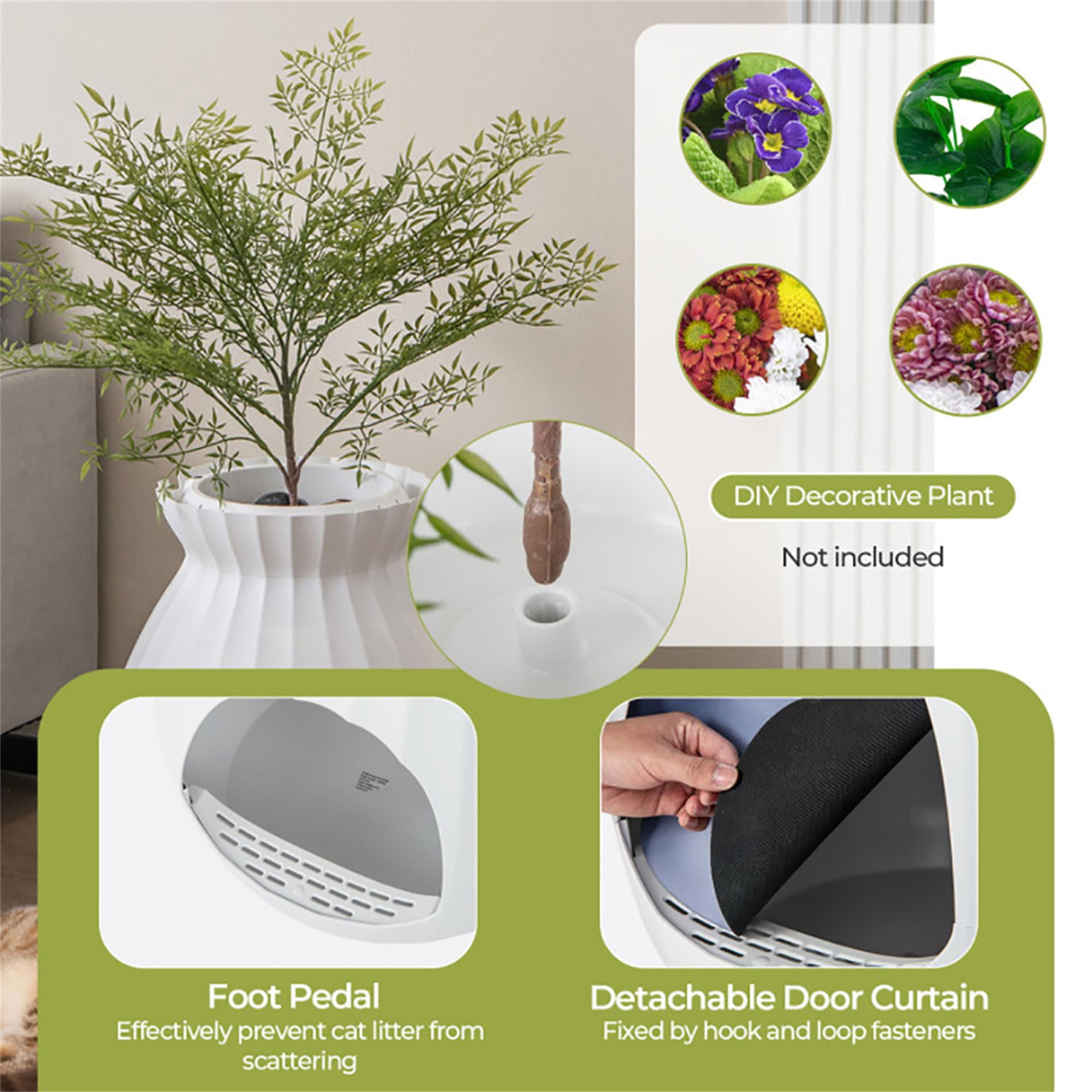 resenkos 63L Smart Plant Cat Litter Box Enclosure Furniture with Electronic Odor Removal System, Hidden Cat House Washroom with Detachable Door Curtain, Scoop, White