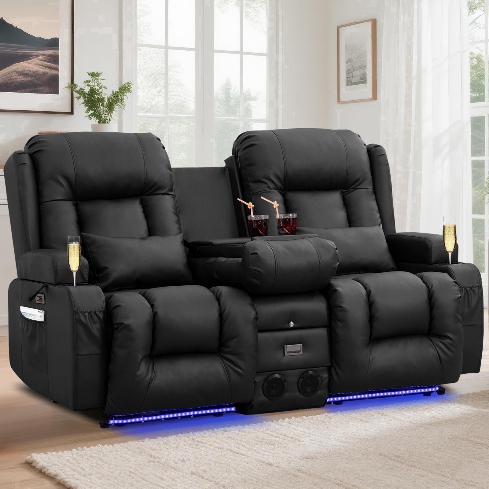 IPKIG Power Recliner Loveseat with Massage and Heat, Black Faux Leather Home Theater Sofa, Bluetooth, LED Lights, and USB Console