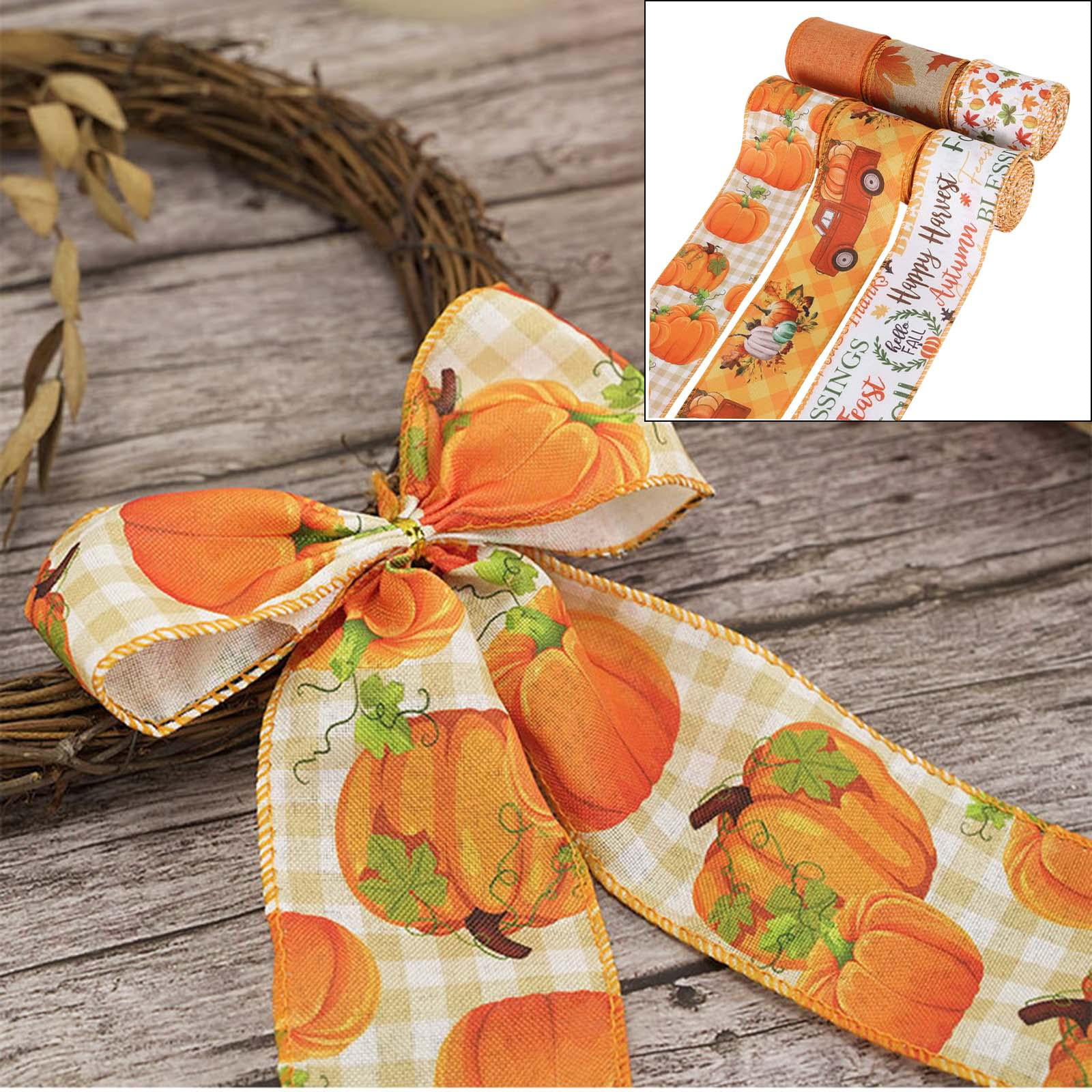  H1vojoxo 4PCS Fall Wired Ribbon for Crafts 2 inch Thanksgiving  Ribbon for Gift Wrapping Autumn Wired Ribbon for Wreaths Fall Pumpkin Maple  Leaf Wire Ribbon for Bows Making 30 Yards Wired