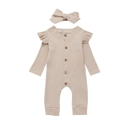 

EHTMSAK Newborn Infant Baby Toddler with Headband Set Clothes Romper for Girl Boy Long Sleeve Button Jumpsuit Beige 0-24M 80
