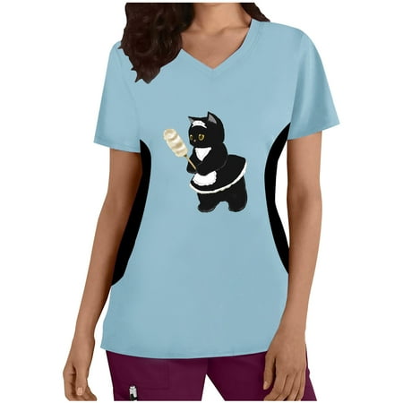 

Summer Tops for Women Fashion Woman Print V--Neck Short Sleeve Patchwork T-Shirt Printing Loose Blouse Tops Casual Maternity Shirts Light Blue S