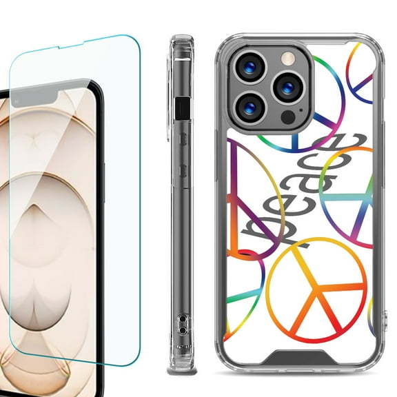 Shockproof Bumper Phone Case for iPhone 13 Pro Max, with Tempered Glass Screen Protector, by OneToughShield ® - Colorful Peace