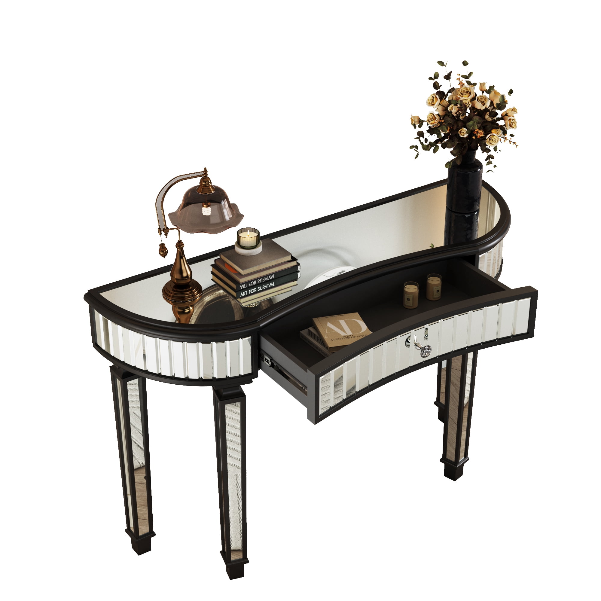 Curved Glass Console Table with Fluted & Crystal Knob Drawer, Mirrored Entryway Display Table, Multi-functional Vanity Desk