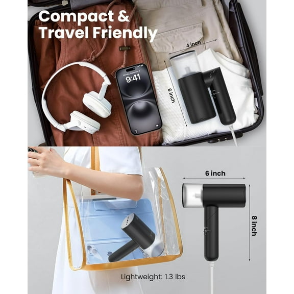 Handheld Steamer for Clothes, 1200W Foldable Travel Steamer, 20 Sec Preheat Garments Wrinkle Remover, 120V Portable Hand Iron with 150ml Water Tank, Clothes Steamer for Home Travel-Black