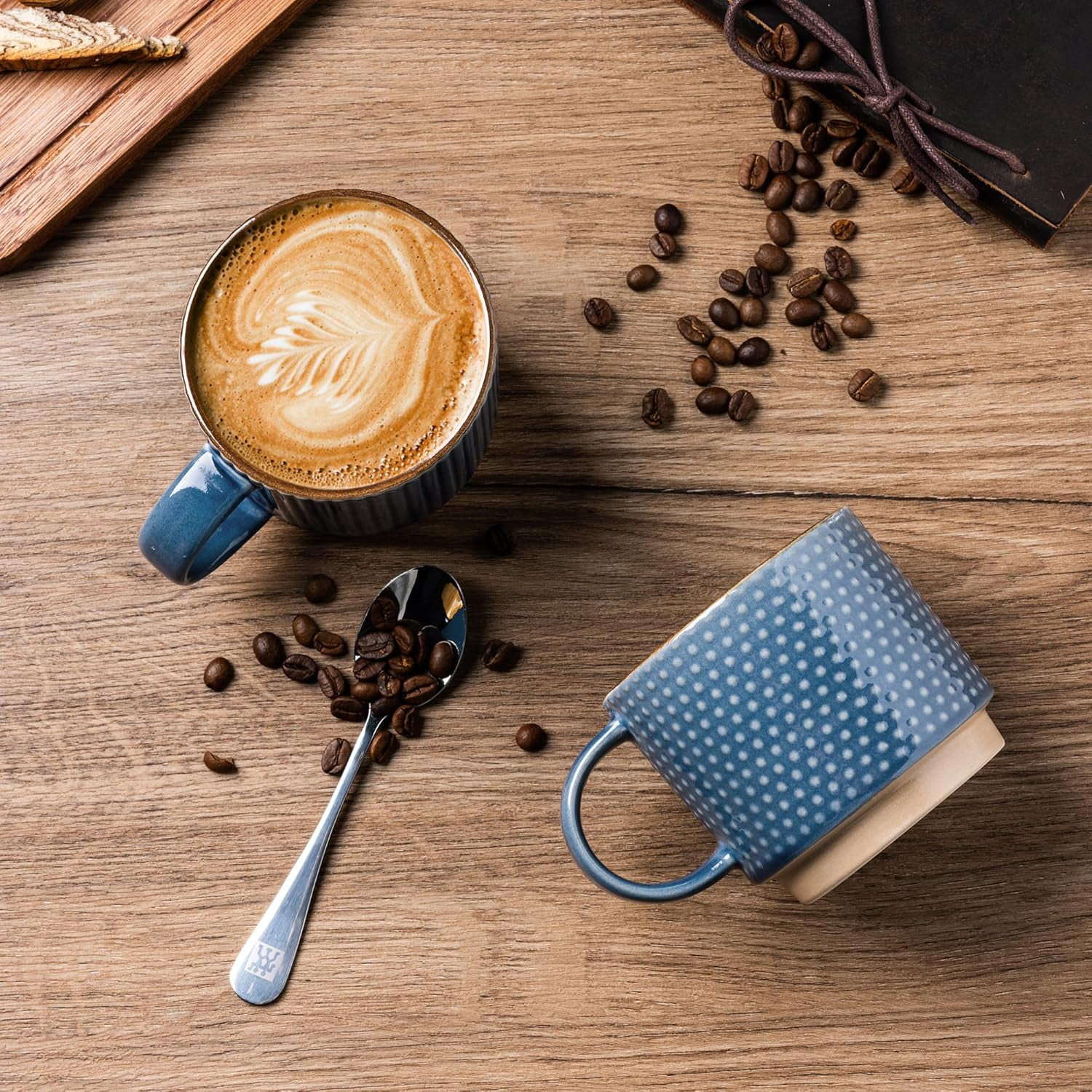 AmorArc 15OZ Stackable Coffee Mugs, Ceramic Coffee Cups with Texture Patterns for Man,Woman,Dad,Mom, Modern Coffee Mugs Set of 4 for Latte/Cappuccino/Cocoa. Dishwasher&Microwave Safe, Blue