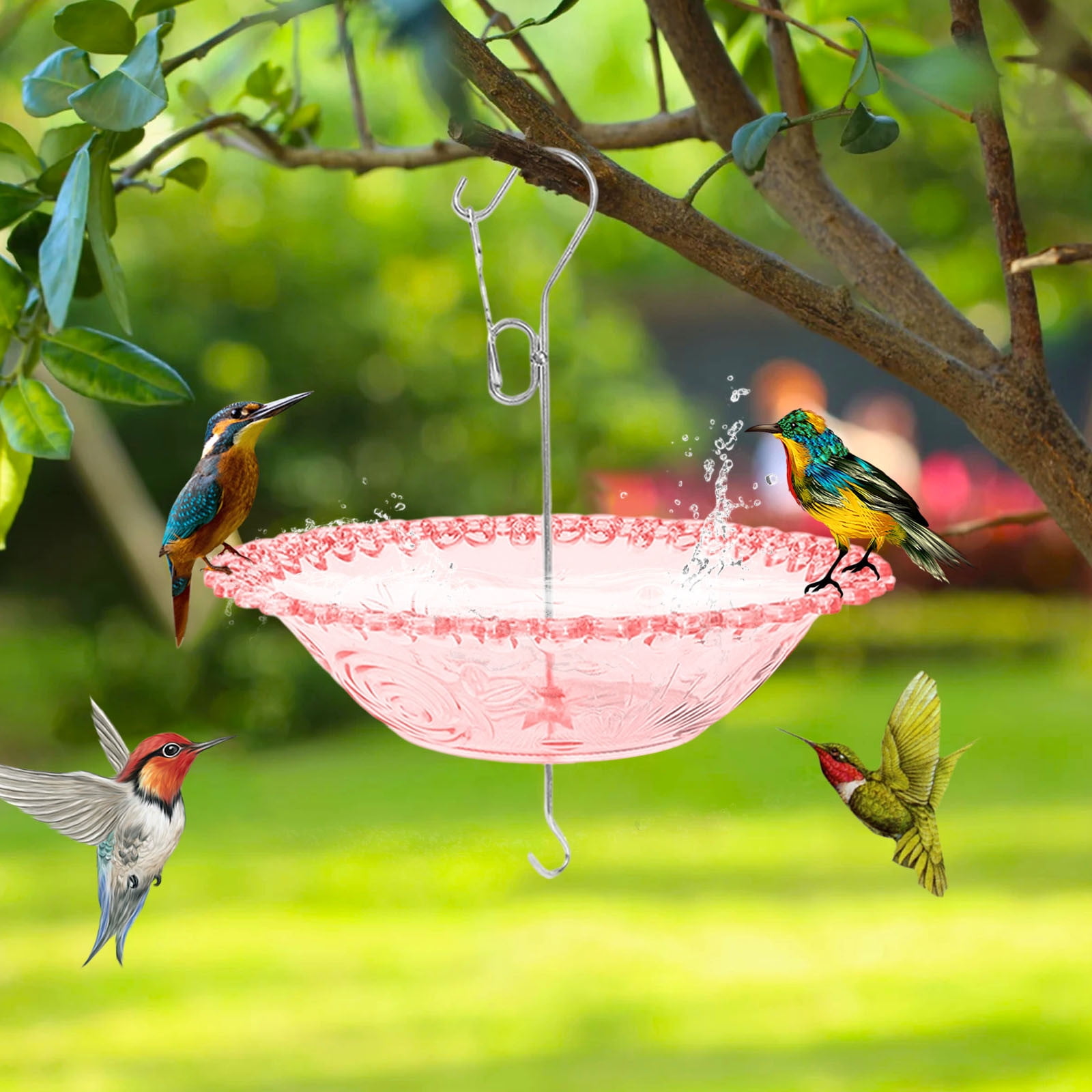 EDHITNR Windproof Rainproof Bird Bath, Outdoor Garden Hanging Bird Bath Feeder, Decorative Courtyard Birdbath for Attracting Birds Garden Yard Patio, Red