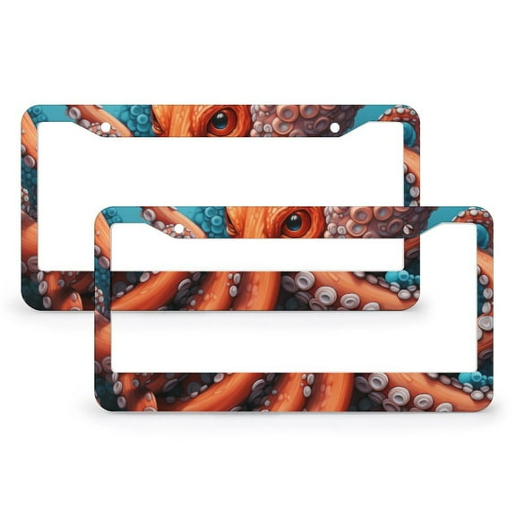 License Plate Cover Orange Octopus Car License Plate Frame 2 Pieces Ocean Themed Octopus Quality Aluminum License Plate Frame for Women Men US Vehicles Standard