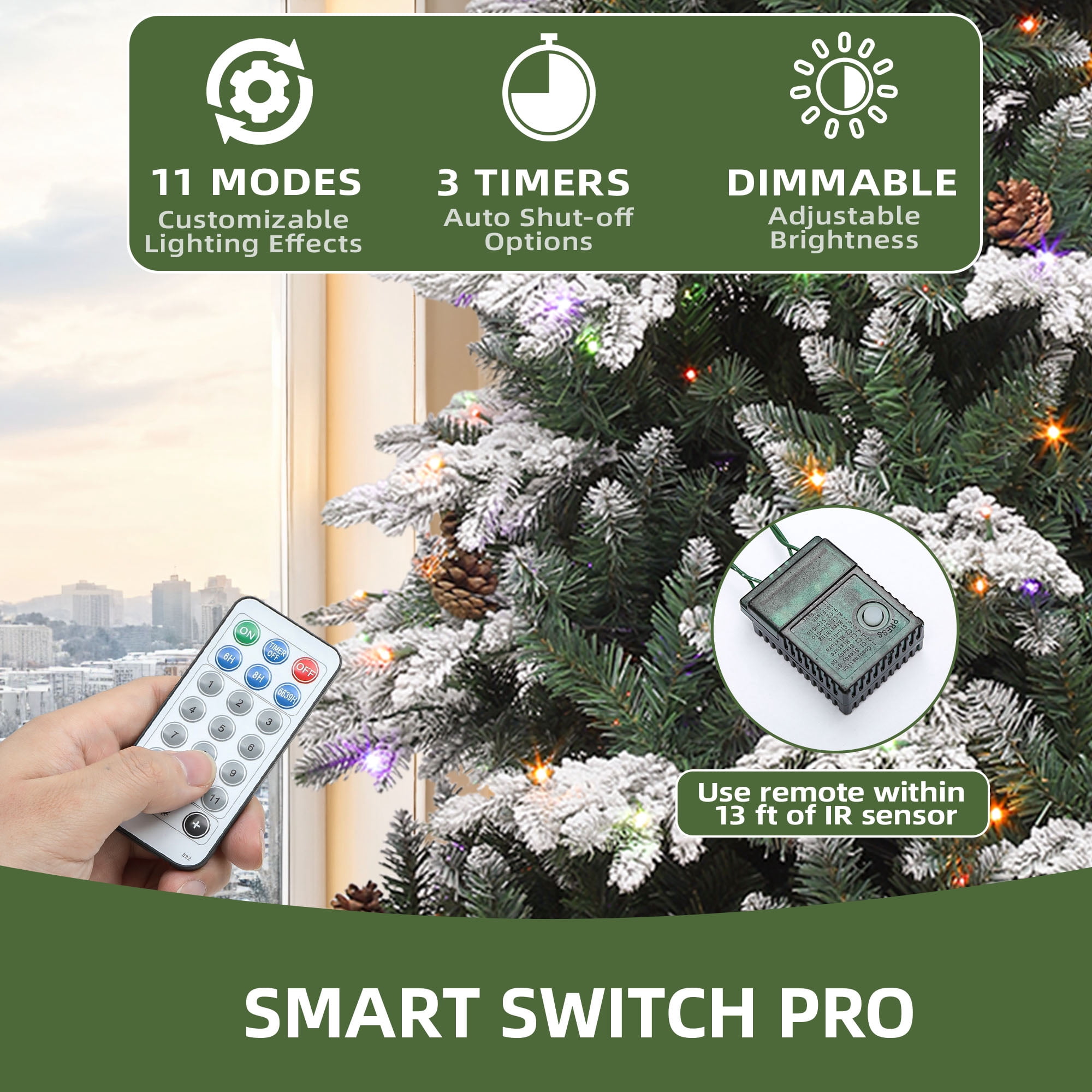 Uforic 7.5ft Prelit Flocked Tiered Christmas Tree with 1200 Tips, 400 Remote-Controlled Lights, and Pine Cones
