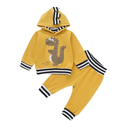 

OLLUISNEO Newborn Baby Boys Pants Outfits Casual Dinosaur Print Hooded Long Sleeve Stripe Top Pants 2 PCS Set 3-6 Months Yellow