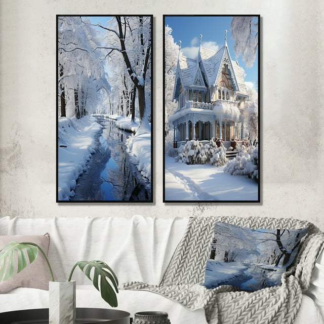 Designart "Serene Snowy Winter II" Winter Landscape Framed Wall Art Set Of 2 - White Landscapes Framed Canvas Set For Living Room Decor
