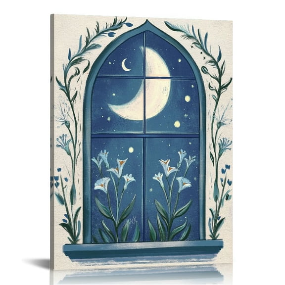 Vintage Boho Moon Canvas Wall Art, Spiritual Mystical Artwork Poster, Folk Art Flower Leaves Stars Pictures, Vintage Blue Boho Wall Decor for Bedroom