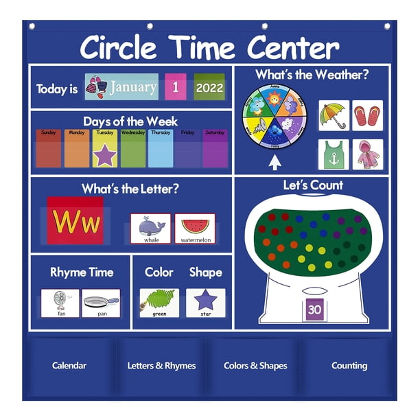 Gráfico de bolsillo del centro de aprendizaje, calendario infantil resistente para el aula, gráfico de bolsillo educativo, calendario de aprendizaje meteorológico (azul)