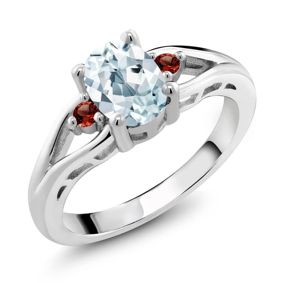 Gem Stone King 925 Sterling Silver Sky Blue Aquamarine and Red Garnet 3 Stone Engagement Ring for Women | 1.30 Cttw | Oval 8X6MM | Round 2MM | Gemstone March Birthstone | Size 8