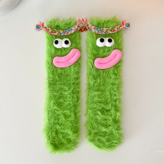 Onlysocks 2 Pair Cozy Fluffy Cartoon Monster Funny Socks for Family, 3D Crazy Novelty Face Winter Warm Thick Socks, Green