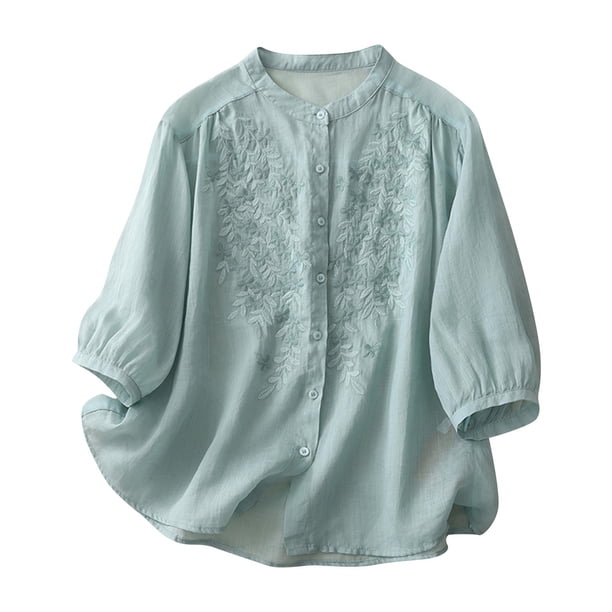 Vestidos Casuales Para Mujer, Blusas De Mujer De Moda Blusa de mujer con cuello alto, botones y mangas 3/4 bordadas en imitación de lino y lino
