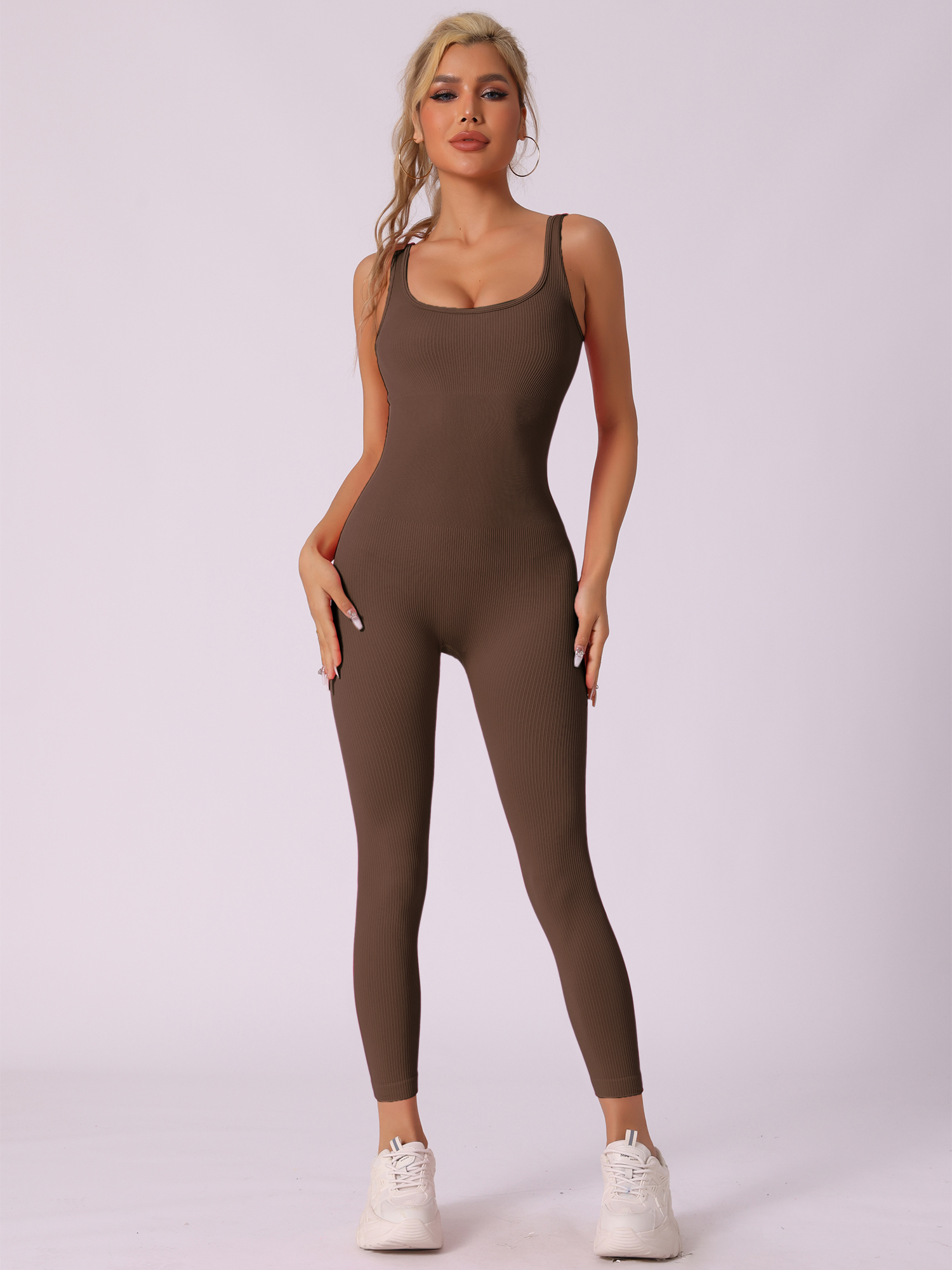 DARING DIVA U Neck Tummy Control Workout Sleeveless Bodysuit M Brown