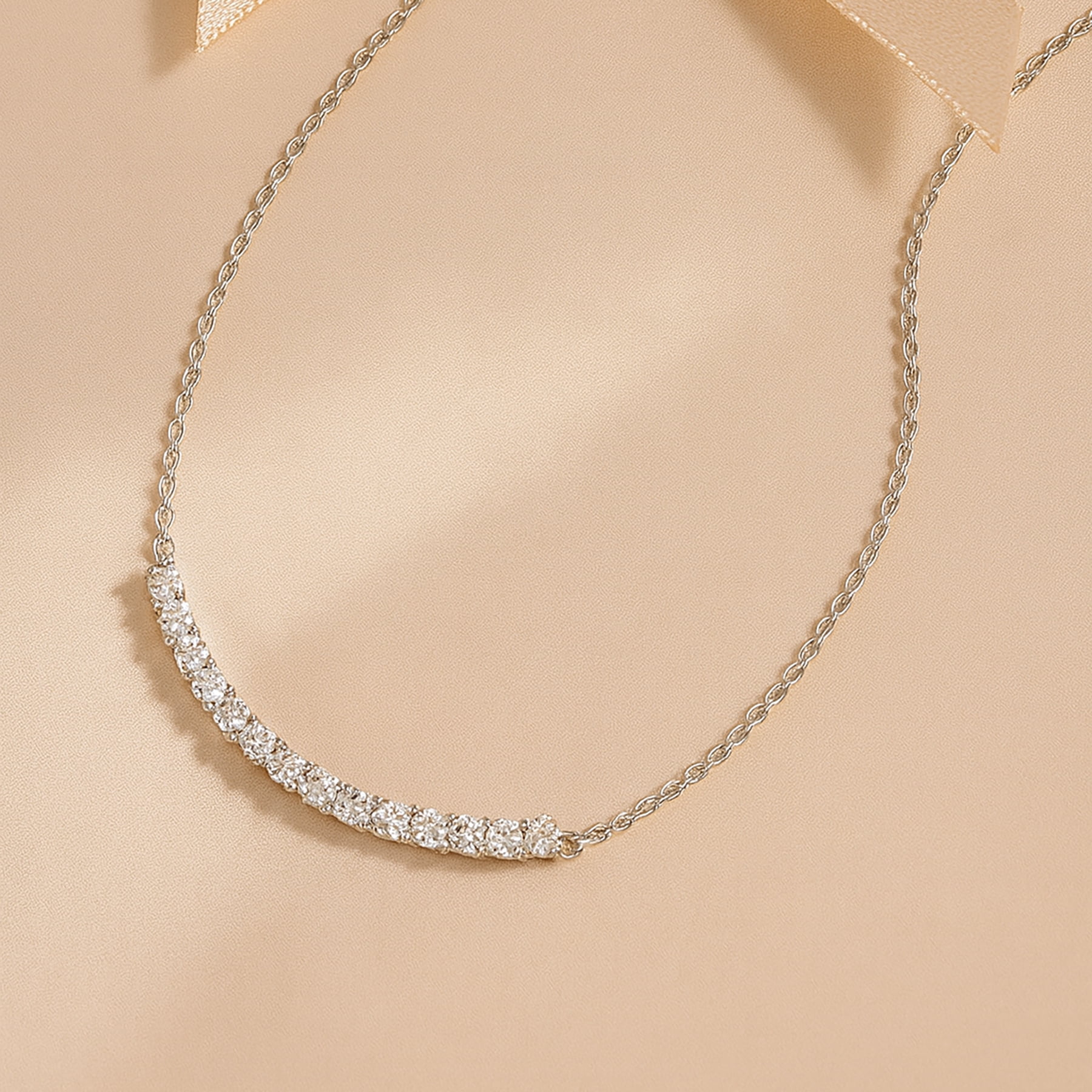 JeenMata Curved Bar Round-Shaped Moissanite Pendant Necklace in 18K White Gold over Silver