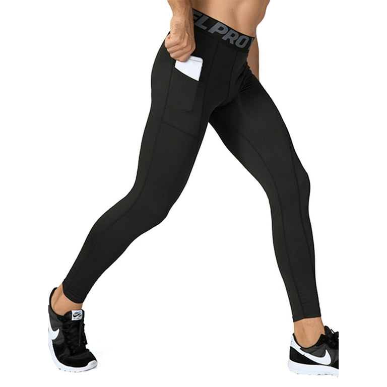 Mens Workout Leggings Compression Pants Athletic Running Gym Tights with  Side Pockets Dry Fit Baselayer Fitness Tights 