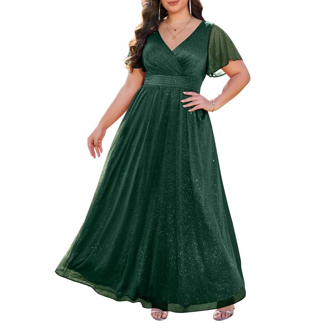 Vestido Talisea, color verde brillante, talla grande, formal, con lentejuelas y chifón