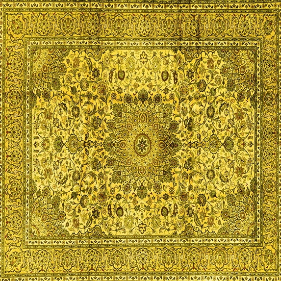 Ahgly Company Machine Washable Indoor Square Medallion Yellow Traditional Area Rugs, 7' Square