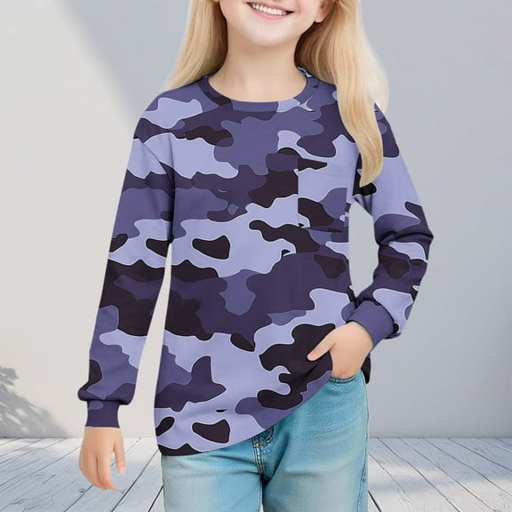 UQJfacai Girls Camo Shirts Crewneck Long Sleeve Tops Graphic Tees Casual Loose Soft Pullover Blouse T-Shirt with Pocket 5-14 Years
