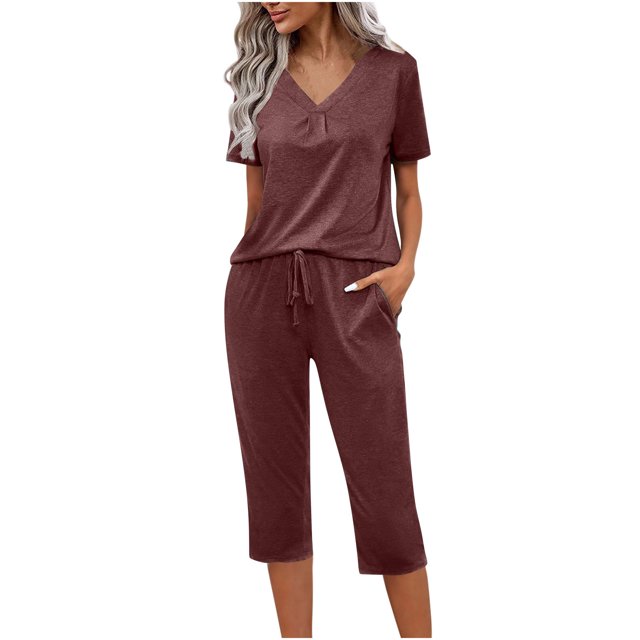wmjolc Women's Pajama Set V-Neck Short Sleeve Top and Drawstring Capri Pants 2 Piece Casual Pyjama Set Casual Home Sleepwear Basic Solid Color Pjs Set