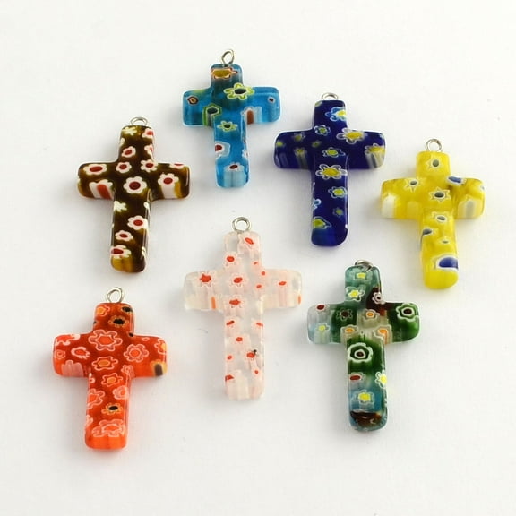 10pc Handmade Millefiori Glass Pendants with Platinum Plated Iron Findings Cross Mixed Color 30~35x20~22x4mm Hole: 1.5~2mm DIY