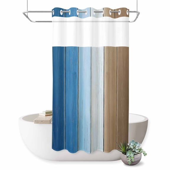 No Hook Shower Curtain, Blue Brown Shower Curtains for Bathroom with See Through Top Window, Gradient Wood Grain Farmhouse Country Waterproof & Washable Bath Curtain Stand Up Stall 36"x72"