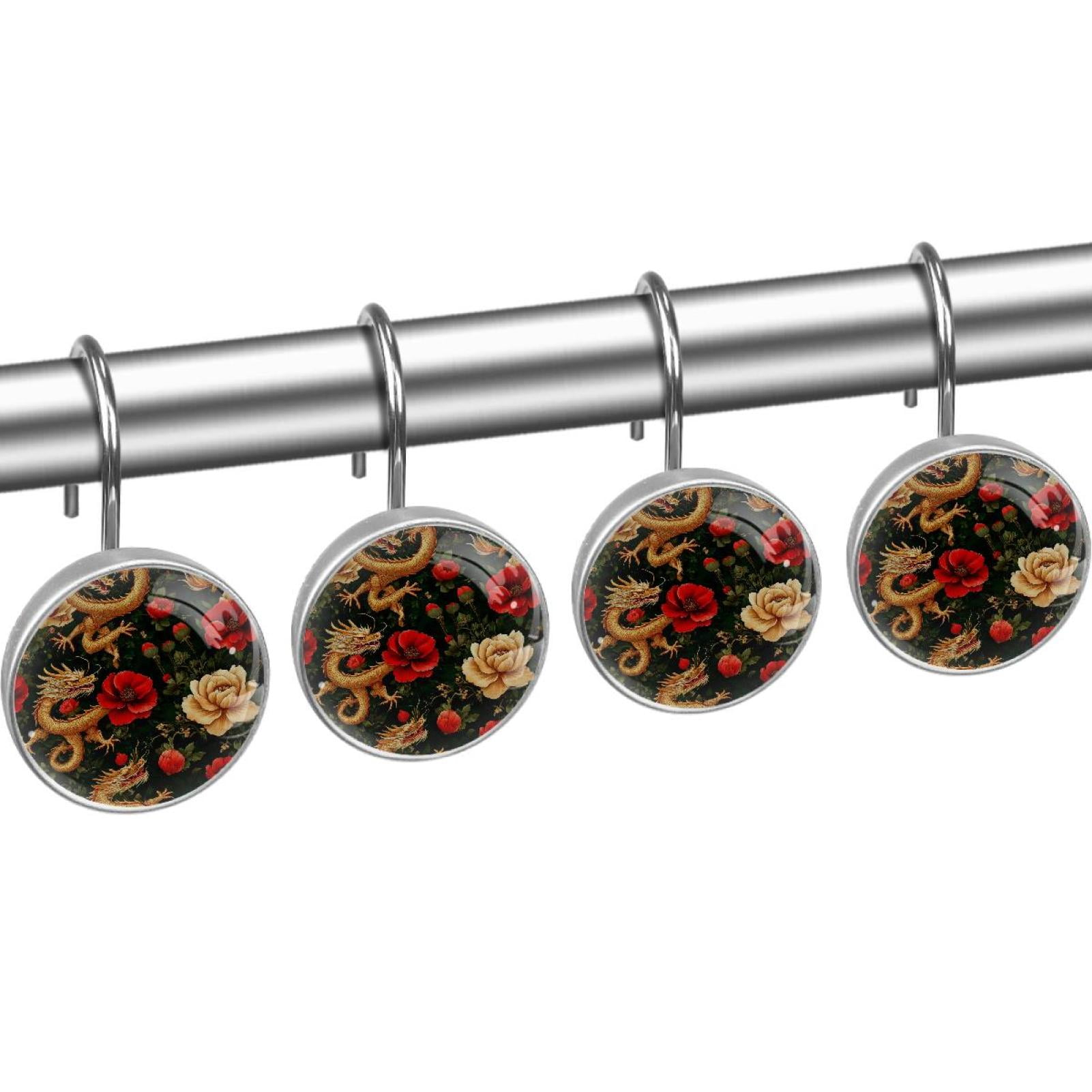 Traditional Dragon Red Poppies Shower Curtain Hooks Round Crystal Glass, Set of 12 Shower Curtain Rings - Shower Hooks for Curtain Shower Rings