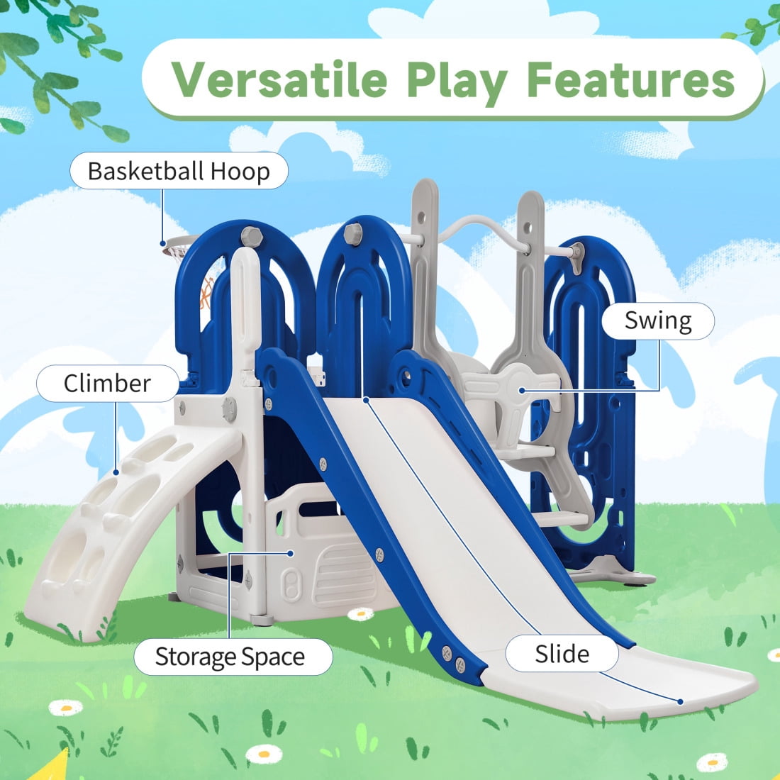 JAMPOOCA 5-in-1 Kid Slide Playset, Swing Set with Climbing Ramp & Basketball Hoop, Blue