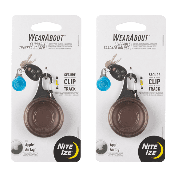 Nite Ize Wearabout Clippable Tracker Holder - Tracker Keychain & Carabiner Clip - Lightweight Holder with SlideLock Case, Steel Clip & Wire Gate - Compatible with Apple AirTag - Smoke (2 Pack)