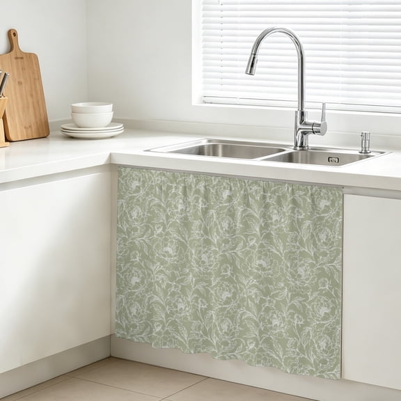 Country Sage Green Wildflowers Cabinet Curtains for Kitchen 11"Wx13"L, Rustic Farmhouse Pastoral Floral Leaf Vanity Cabinet Curtains Magic Tape Short Curtain Decor Privacy Panel for Bathroom Laundry