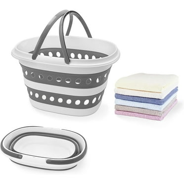 ASOTVision 50L Collapsible Plastic Laundry Basket, Foldable Pop up Storage Container Space Saving Washing Tub Organizer (White/Grey)