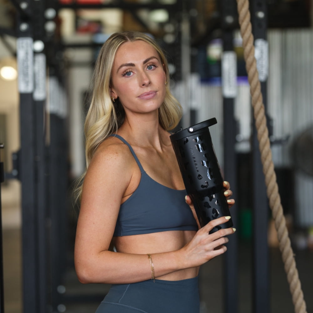 HydroJug Sport 40 oz Stainless Steel Water Bottle with Flip Straw, Insulated Leak-Proof Tumbler for Gym & Outdoor - Black Leopard