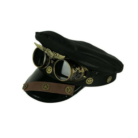 Steam Forces Black Captain Cap and Goggles Adult Halloween Steampunk Costume Hat