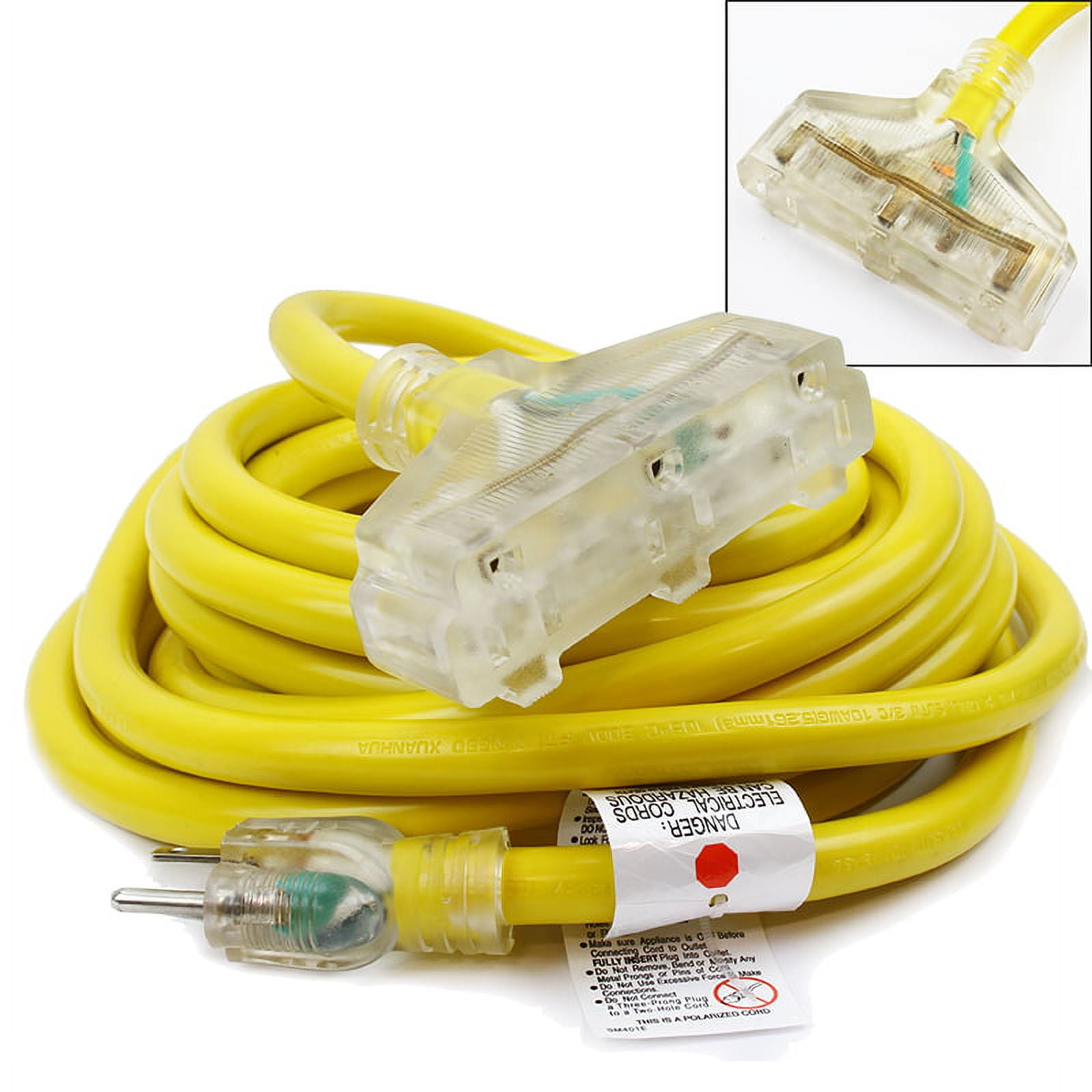 Stark USA 50ft Lighted Outdoor Extension Cord With 3 Outlets - 10/3 SJTW Heavy Duty Yellow Extension Cable Extension Cable With 3 Prong Grounded Plug for Safety, 15AMP - Great for Garden and Major Ap