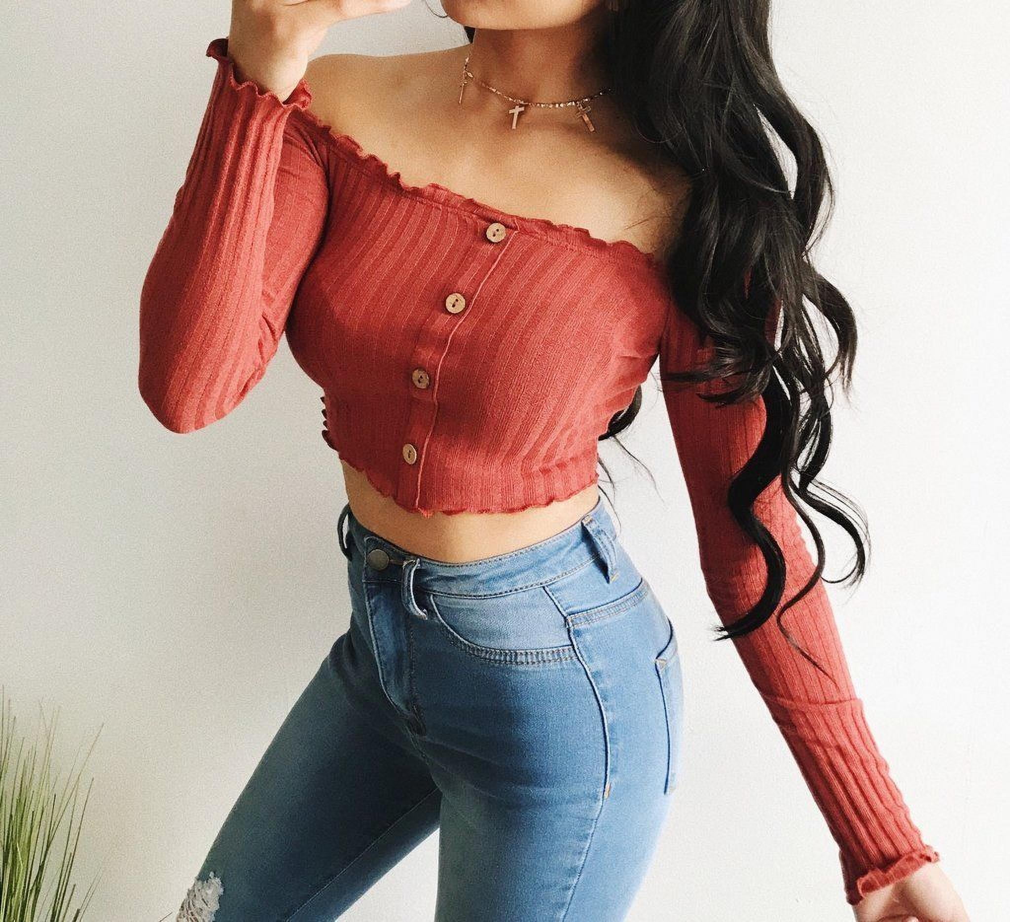 off the shoulder button crop top