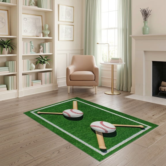 ODIKA Baseball Field Sport Design With Crossed Bats Ball And Stitched Seam Accents for Home Office, Gaming Room, Under Desk, Non-Slip Chair-Friendly