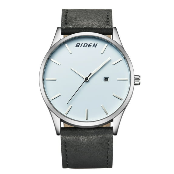 Mens Quartz Watch Silver Case Leather Strap Simple Design Date Ultra-Thin for Collection Gift Leisure Casual