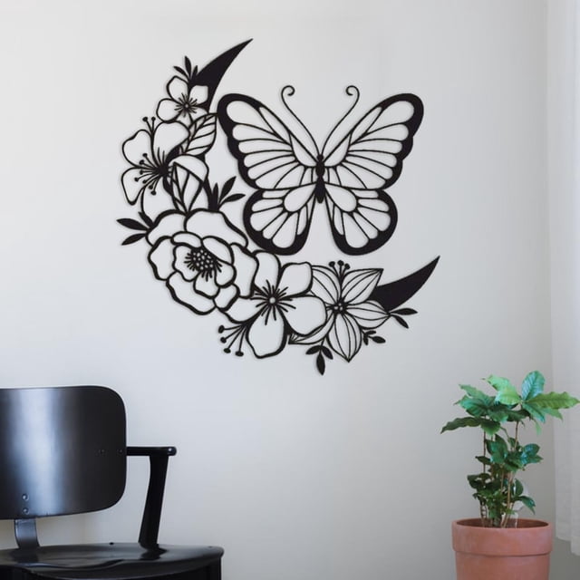 Arte de pared de mariposas y flores de hierro, esculturas de silueta, adorno colgante para el hogar, dormitorio, decoración interior y exterior para BLESIY Arte de la pared de mariposas