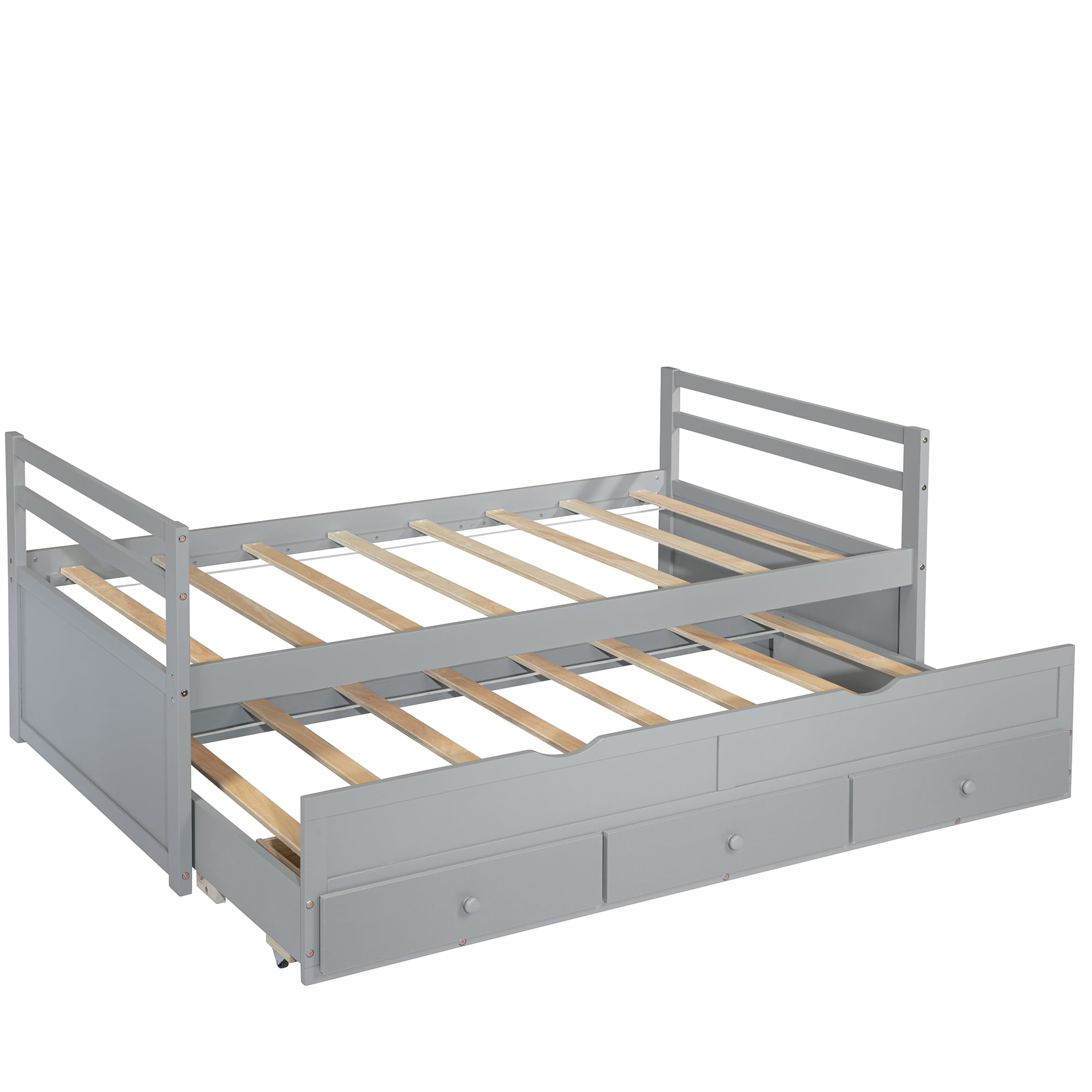 Miniyam Wood Twin Size Bed with Trundle, Storage Drawers for Kids, Gray