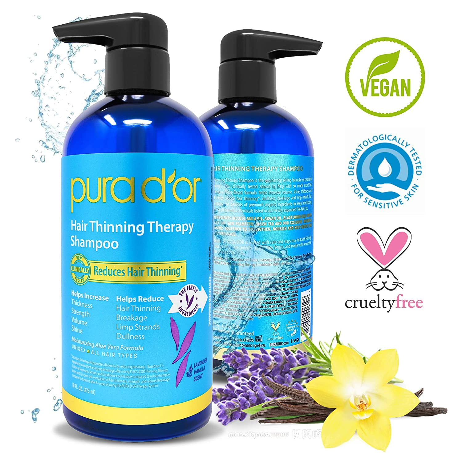 PURA D'OR Hair Thinning Therapy Biotin Shampoo LAVENDER VANILLA Scent 16 Fl Oz