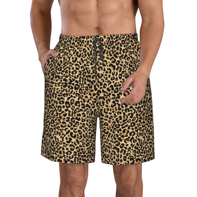 Wukai Leopard Print Print Beach Trunks with Compression Liner Swimsuit Quick Dry Beach Sports Shorts with Pocket-Large